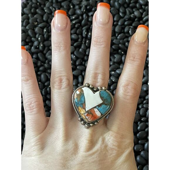 Native American Sw Sterling Silver Orange Spiny🧡💙Turquoise Heart Ring Size 7 - Picture 1 of 5